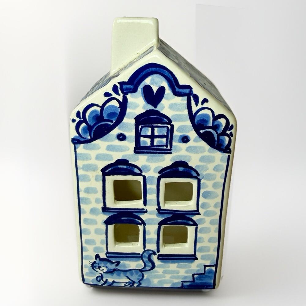 Delfts Blond Tea Light House “Home Sweet Home” With Cat Hand Painted Netherlands - Picture 2 of 6